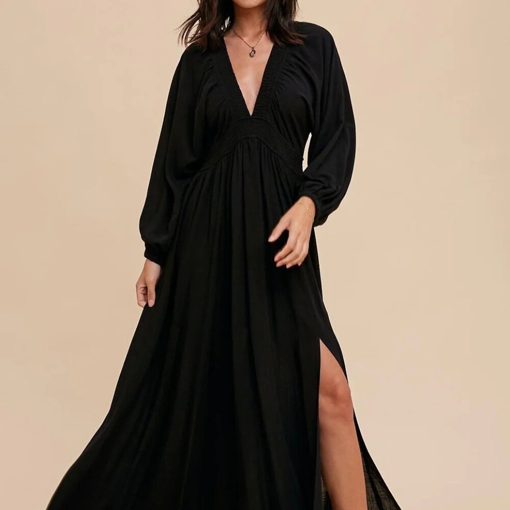 In Loom Black V Neck Maxi Dress Boho Medium
